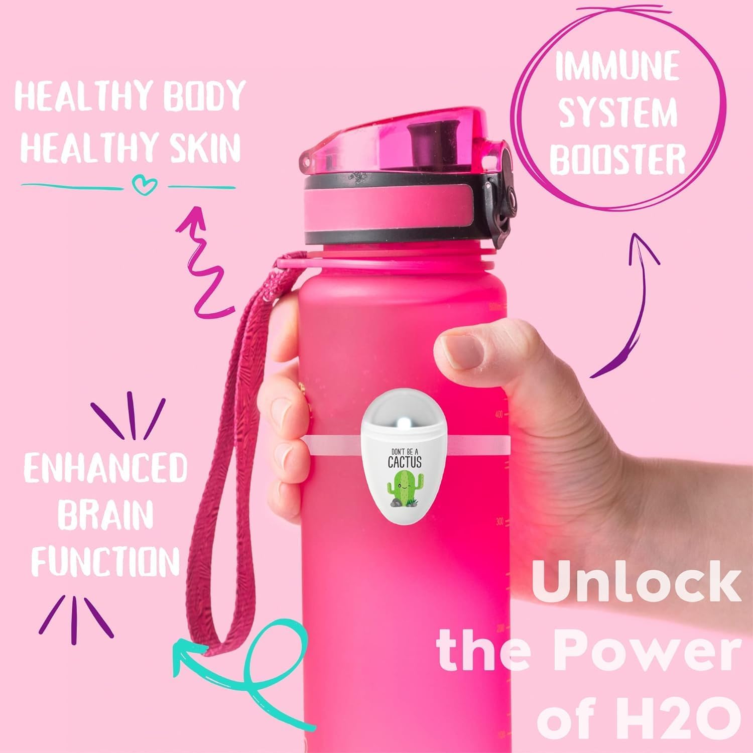 ULLA Drink Water Reminder, Smart Light for Water Bottle, Fits Most Bottles, Lights Up when Time to Drink, Hidrate Smart Water Bottle Reminder to Drink, Smart Hydration Reminder, Water Tracker - CACTUS - Image 2