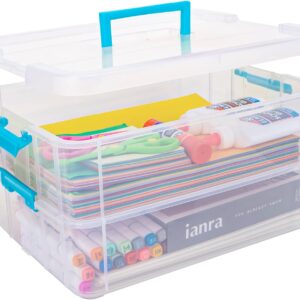 TERGOO 2 Layer Plastic Storage Containers with Lids, Multipurpose Clear Stack & Carry Box, Portable Craft Organizers and Storage Bin for Organizing Art & Craft, Sewing, Makeup, Nail Supplies (Blue)