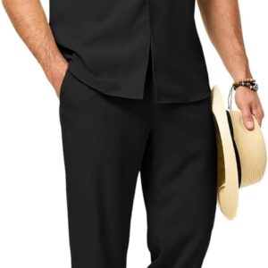 JMIERR Men Texture 2 Piece Outfit Short Sleeve Lightweight Beach Button Down Shirt Casual Pant Sets with Pocket