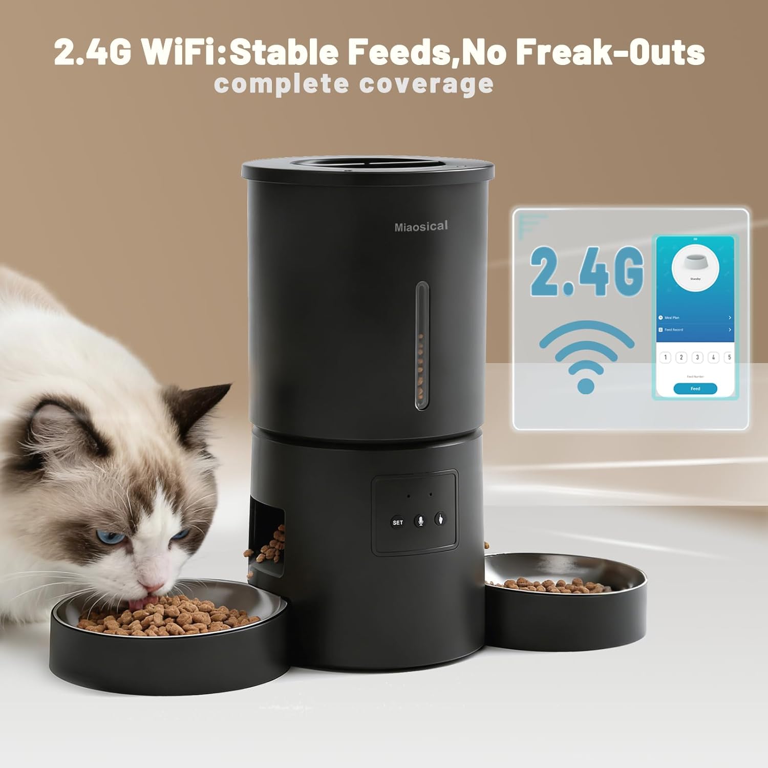 Miaosical Automatic Cat Feeder 2 Cats,2.4G WiFi Timed Auto Cat Food Dispenser with Dual Bowls,4.2L Smart App Control,Equal Portion Feeding for Multiple Cats (Black, 4.2L WiFi Dual Bowl) - Image 2