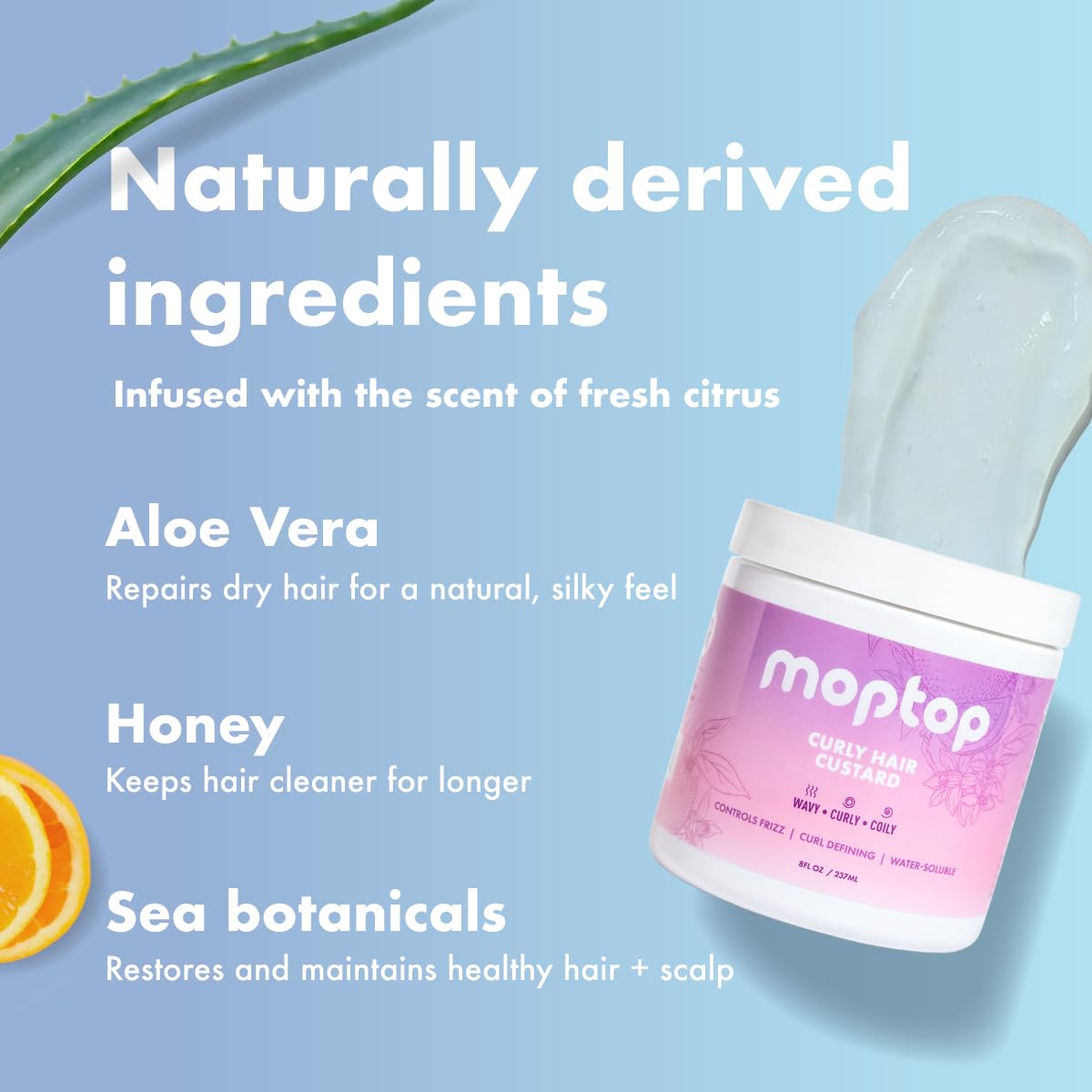 MopTop Curly Hair Gel Custard - Styling Gel for Moisturizing and Defining Soft Curls, Lightweight and Anti Frizz, Curly Hair Products for Waves, Coils & Kinks (Citrus Kumquat, 8oz) - Image 5
