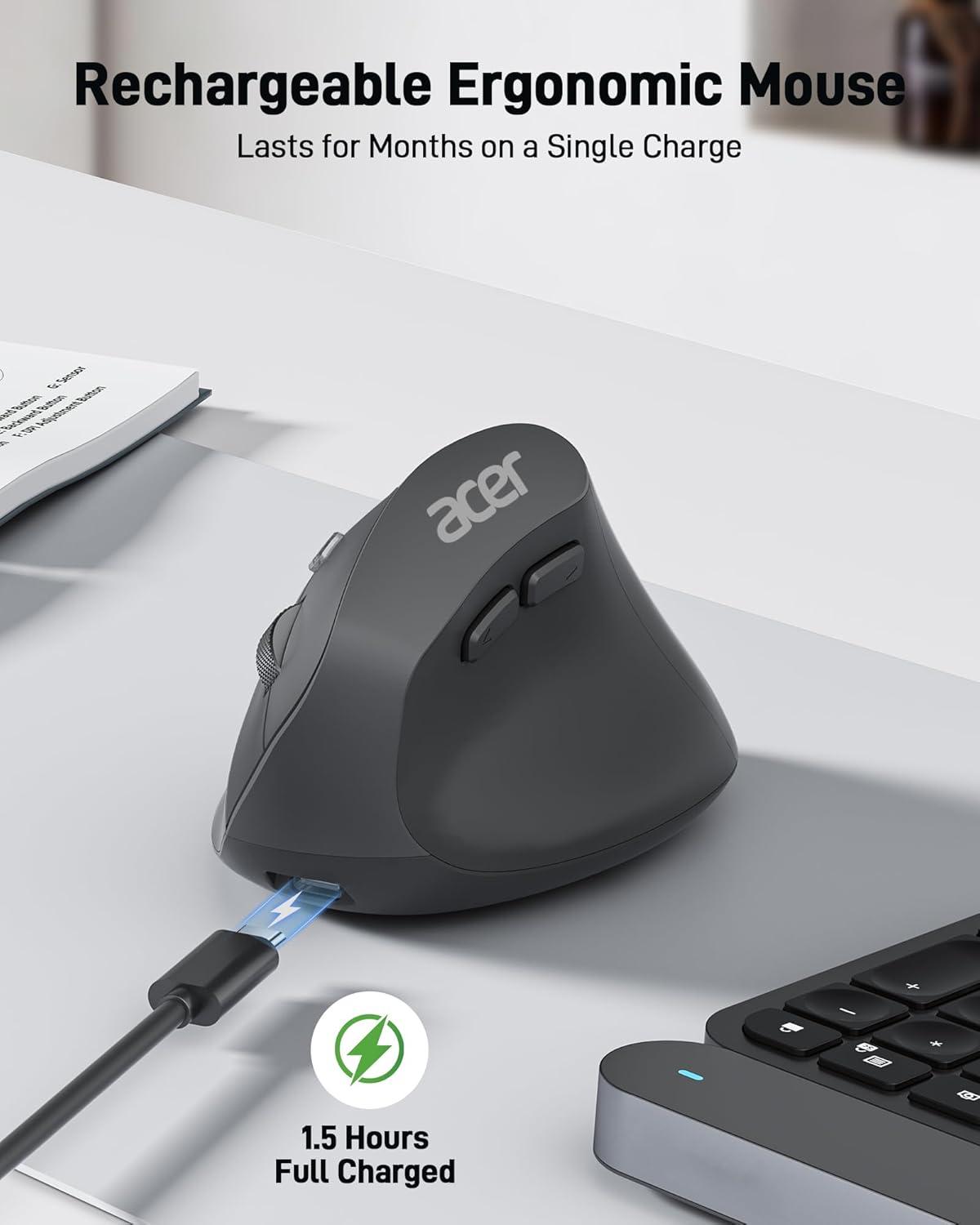 acer Ergonomic Mouse Wireless, Adjustable DPI Vertical Mouse 1000/1200/1600 with 6 Buttons, Rechargeable Ergo Mice, Medium to Large Sized Hands, 2.4GHz USB Receiver for Computer, Laptop, PC - Image 4