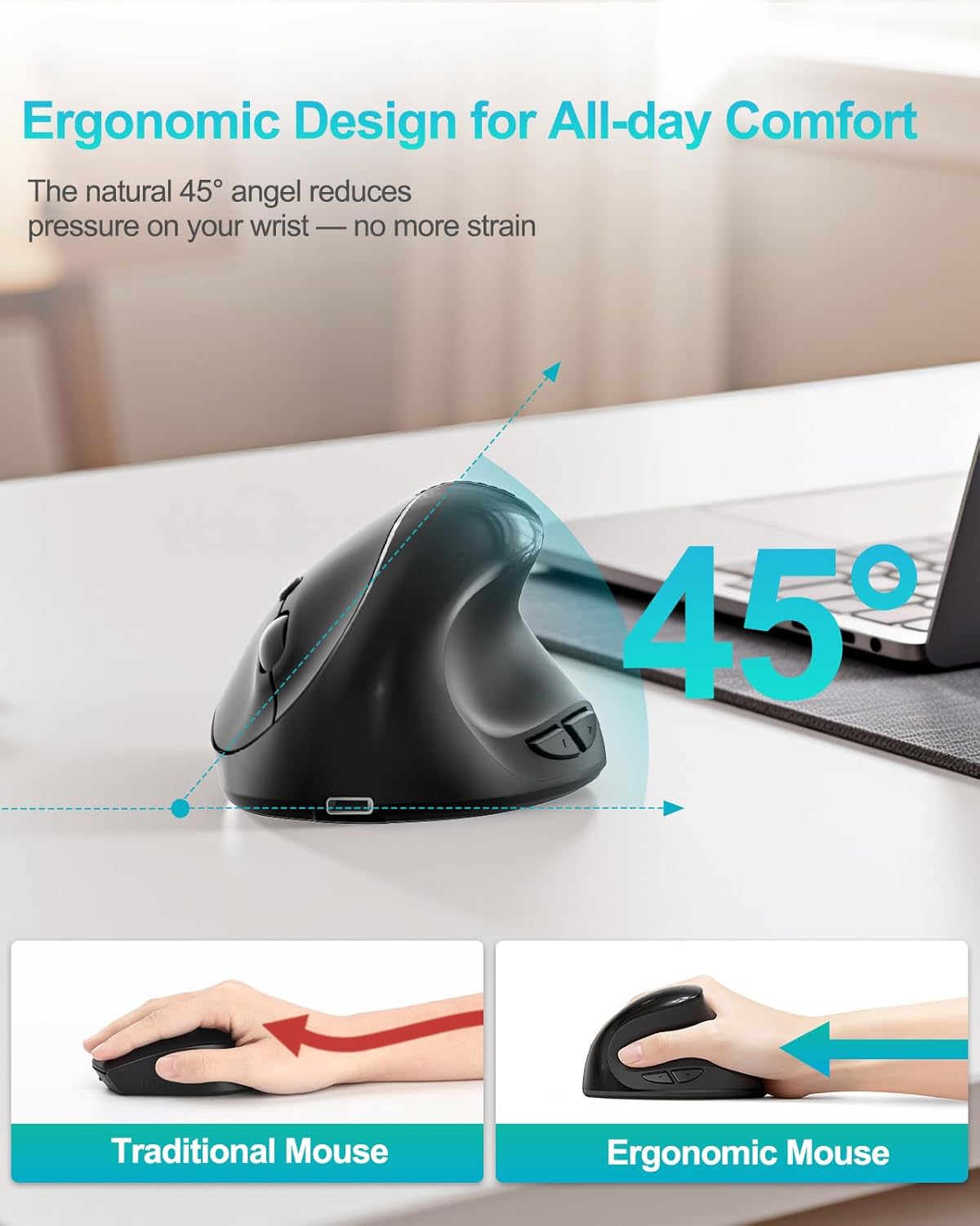 Lekvey Ergonomic Mouse, Vertical Wireless Mouse for Small/Medium Hands, Rechargeable with USB Receiver, 3 DPI for Comfort, Relieves Wrist Pain, Carpal Tunnel Mouse for Laptop, PC, Computer, Mac, Black - Image 3
