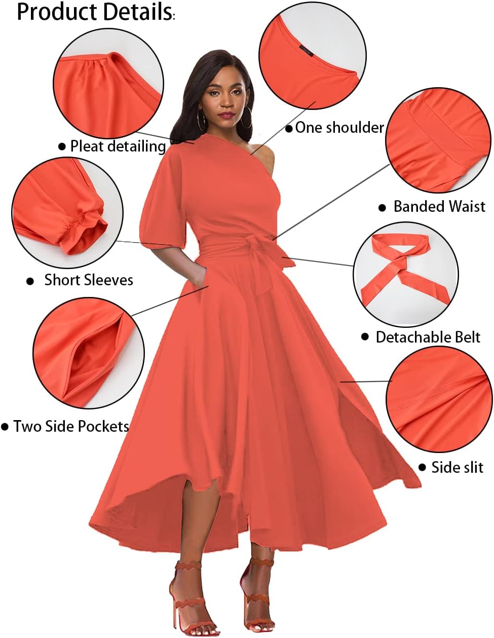 Women’s Elegant Off Shoulder Short Sleeve Belted Side Slit Cocktail Party Swing Dress with Pockets - Image 3