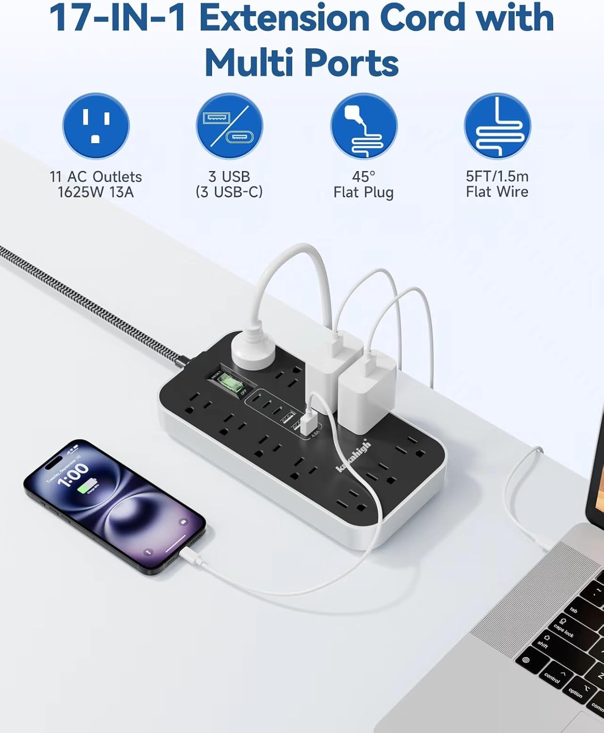 PD30W USB Extension Cord with Multiple Outlets- 5 FT USB Power Strip, 1625W AC Extension Cord with 11 AC Outlet 6 USB, Desk Charging Station for Home, Office, Dorm, Gaming Room Essentials - Image 6
