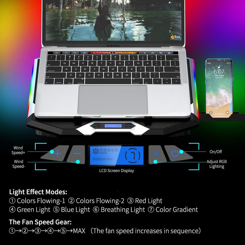 ICE COOREL Gaming Laptop Cooling Pad 15-17.3 Inch, Laptop Fan with 6 RGB Cooling Fans, Laptop Cooling Stand with 6 Height Adjustable, Laptop Cooler with LCD Screen, 2 USB Ports, Phone Stand - Image 6