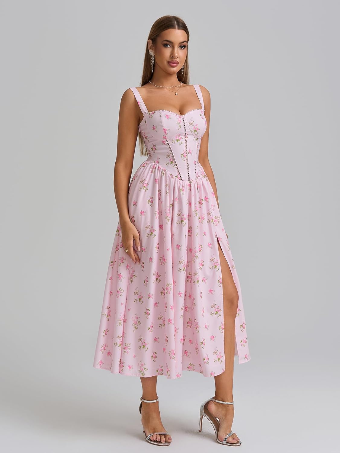 KUTUMAI Floral Corset Midi Dress Flowy Slit Summer Spring Wedding Guest Dresses for Women Sundress with Pockets - Image 4