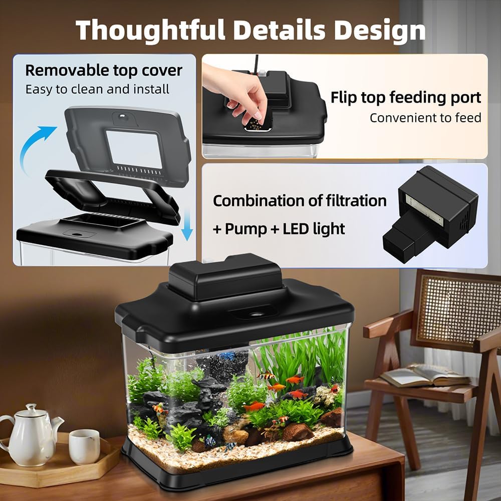 DaToo Small Fish Tank Ultra-Clear 1.6 Gallon Aquarium Starter Kits with LED Lighting and Filter System Beginner-Friendly Mini Betta Aquarium for Small Fish Shrimp Desktop Room Decoration - Image 6