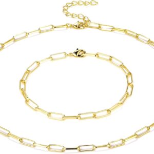 BOUTIQUELOVIN 14K Gold Plated Dainty Rectangle Paperclip Link Chain Necklace Bracelet Set for Women Jewelry Long Lasting Color