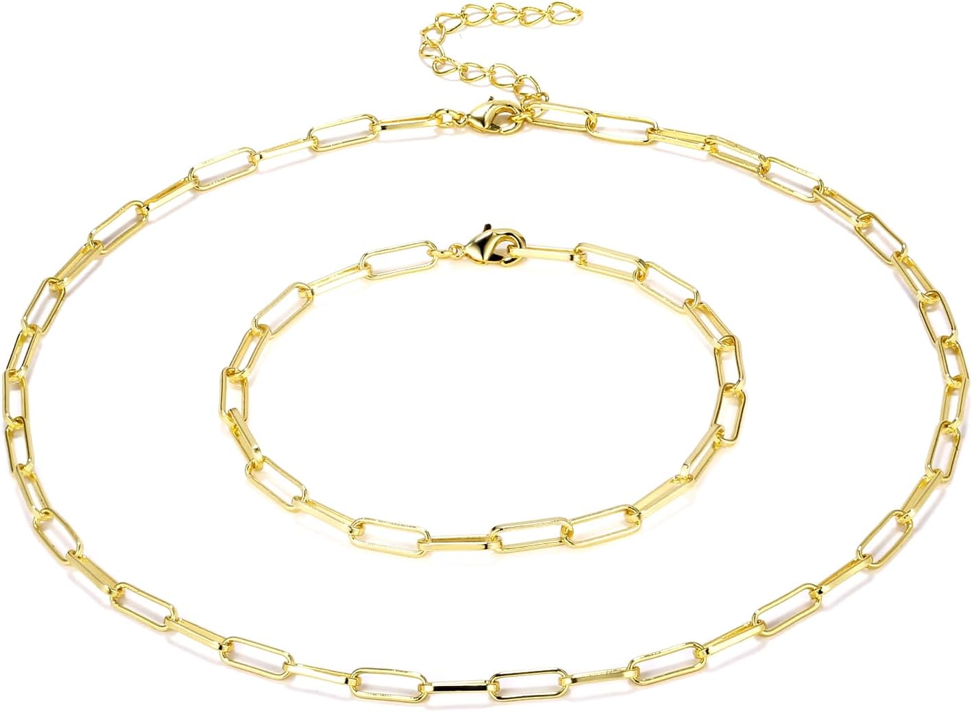BOUTIQUELOVIN 14K Gold Plated Dainty Rectangle Paperclip Link Chain Necklace Bracelet Set for Women Jewelry Long Lasting Color