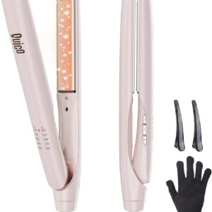 Quico Upgrade Hair Straightener, 100-240V Dual Voltage Travel Hair Straightener and Curler with 15s Heat Up, Professional Negative Ion Ceramic Flat Iron for Less Frizz, 5 Temp & Auto Shut-Off, Pink