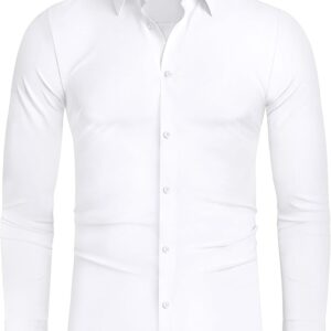 Alimens & Gentle Stretch Mens Dress Shirts Slim Fit Long Sleeve Casual Skinny Muscle Fit Wrinkle Free Button Down Shirt