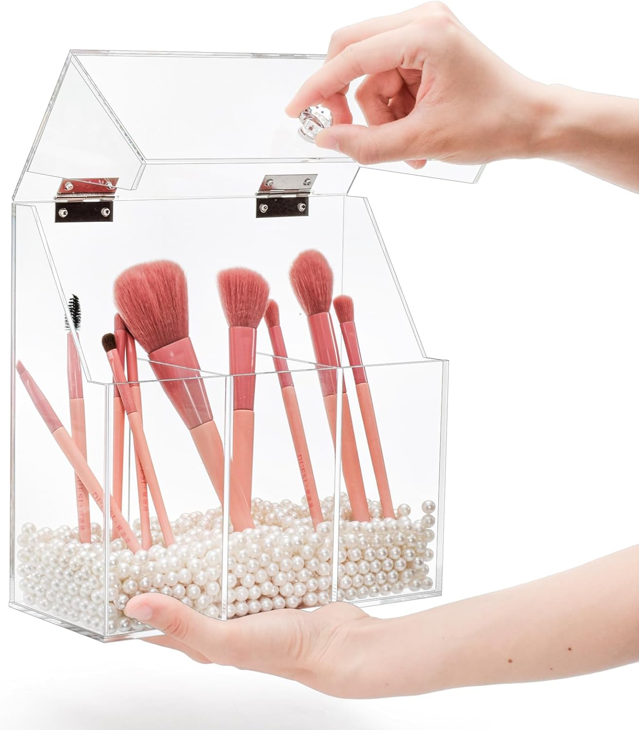 Okllen Makeup Brush Holder with Dustproof Lid, White Pearls, Acrylic Clear Makeup Brush Organizer with 3 Compartment, Large Cosmetic Brush Storage Box Case for Vanity, Bathroom, Bedroom - Image 5
