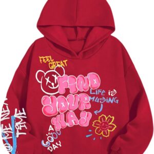 WDIRARA Girl’s Cartoon Letter Graphic Hoodie Drop Shoulder Long Sleeve Pullover Sweatshirt