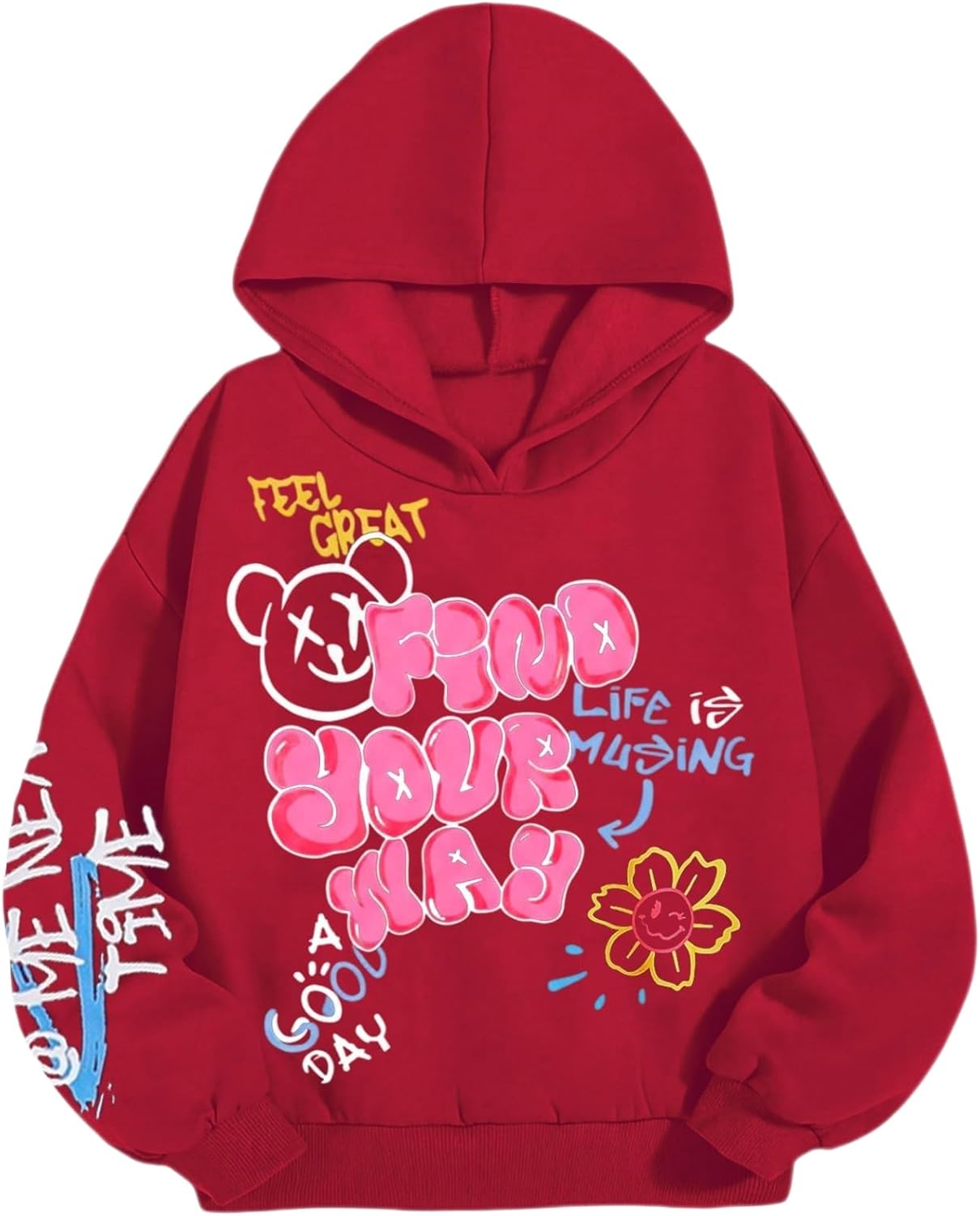 WDIRARA Girl's Cartoon Letter Graphic Hoodie Drop Shoulder Long Sleeve Pullover Sweatshirt