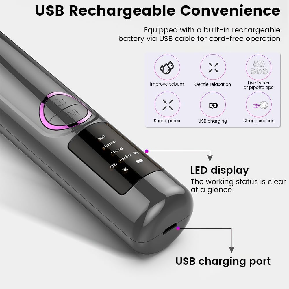 Blackhead Remover Pore Vacuum with Heating Function, Electric Comedone Extractor with 3 Suction Levels & 9 Modes, for Deep Pore Cleansing on Nose and Face with 5 Interchangeable Heads - Image 7