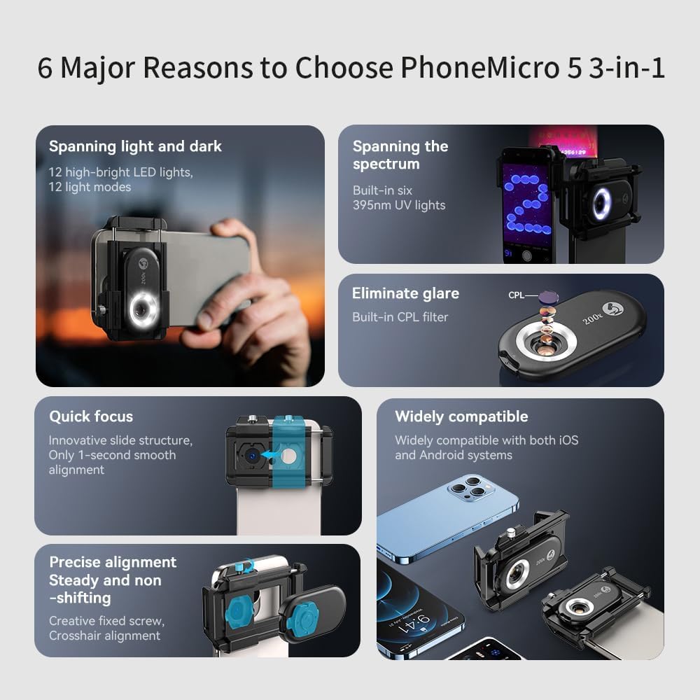 200X Phone Microscope Lens with CPL Filter & LED Light, Anti-Glare Pocket Macro Camera Attachment for iPhone & Android, Ideal for Coin Collecting, Jewelry Appraisal & STEM - Image 3