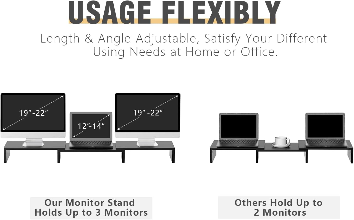 TAVR Dual Monitor Stand Riser Office Desktop Organizer Stand for 2 Monitors, Adjustable Length and Angle 3 Shelf, Extra Long Multifunctional Wooden Stand up to 43.3" fit Computer, Laptop, TV, Black - Image 4