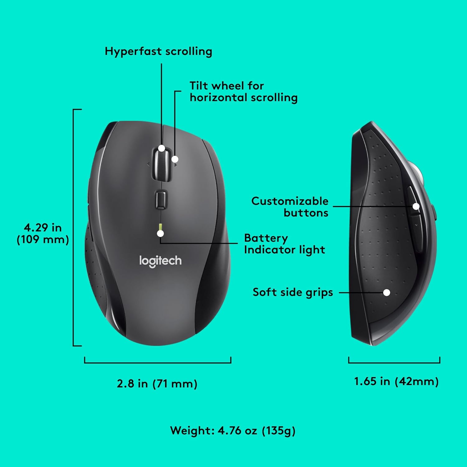 Logitech M705 Marathon Wireless Mouse, Gaming Mouse Wireless, 2.4 GHz USB-A Receiver, 5-Programmable Buttons, 3-Year Battery, PC, Mac, Laptop, Chromebook - Black - Image 6