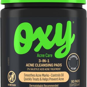 Oxy 3-IN-1 Acne Facial Cleansing Pads, Maximum Strength 2% Salicylic Acid Stubborn Acne Treatment, Controls Oil, Unclogs Pores, Smooths & Brightens Skin, Dermatologist Recommended, 90 Pads