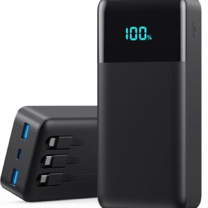 Portable Charger Power Bank 60800mAh,25W USB C Fast Charging Battery Pack with 3 Built in Cables & LED Display,6 Output 2 Input Travel Essentials Phone Charger for iPhone 17/16/15,Android etc (Black)