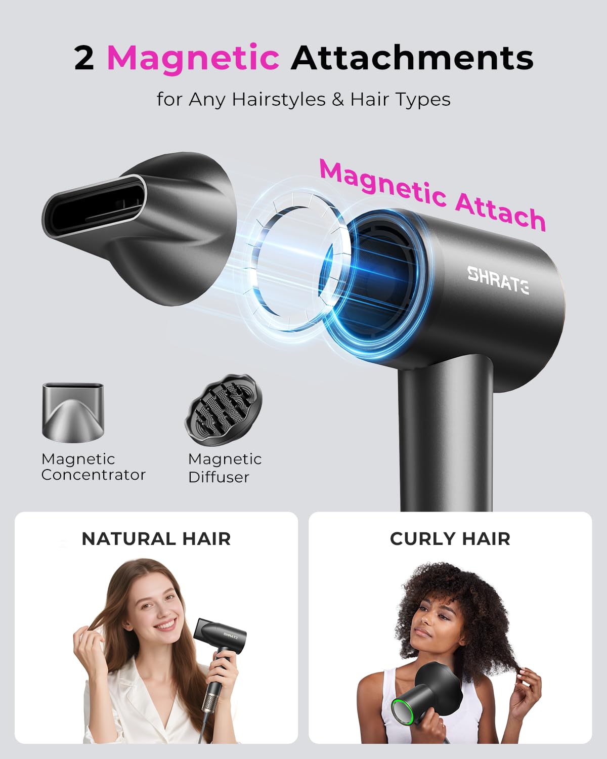 SHRATE Professional High Speed Ionic Hair Dryer | Ultra-Fast Drying | 500 Million Negative Ions | Low Noise | 160000 RPM | Compact Blow Dryer with Magnetic Diffuser for Faster Drying All Hair Types - Image 7