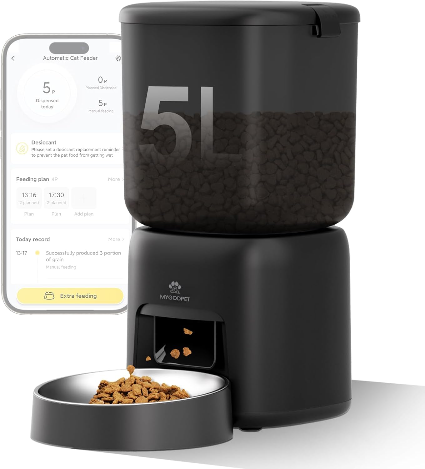 Automatic Cat Feeder, 5G WiFi Auto Cat Food Dispenser with Desiccant Bag, 5L Timed Pet Feeder with Free APP Service, Adjustable Portions Down to 1/12 Cup, Up to 10 Meals Per Day, Dual Power Supply