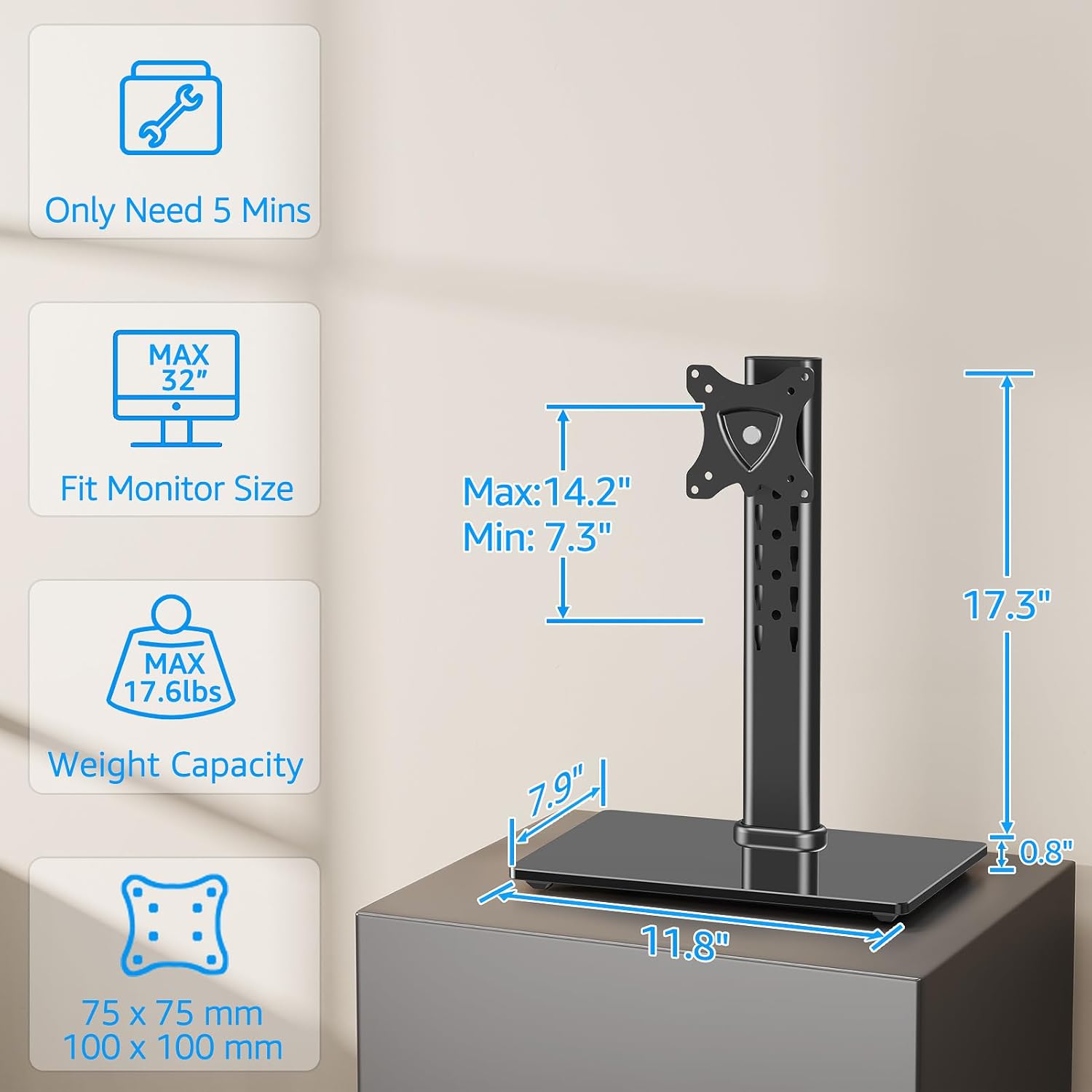 MOUNTUP Monitor Stand for Desk, Freestanding Monitor Mount Fits 13-32 inch Screen up to 17.6 lbs, Screen Stand with Swivel, Height, Rotation Adjustment, VESA Mount 100 x 100mm, 75 x 75mm - Image 2