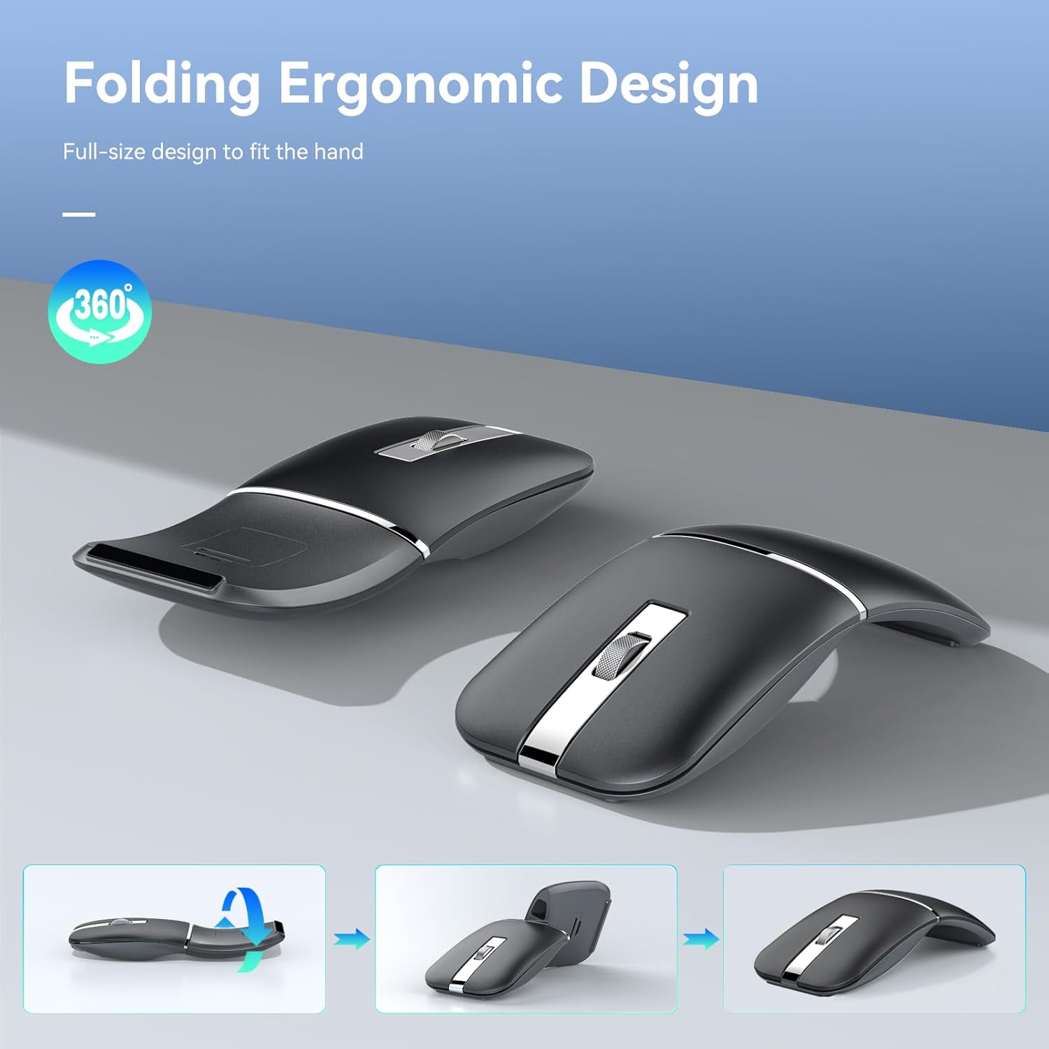 Bluetooth Wireless Arc Travel Mouse, Dual Model (2.4G+BT5.1) Rotating Foldable Mouse for Microsoft, Rechargeable Slim Portable Mice for Laptop, Notebook, PC, MacBook, Chromebook, Lenovo - Black - Image 2