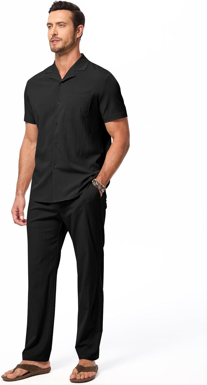 JMIERR Men Texture 2 Piece Outfit Short Sleeve Lightweight Beach Button Down Shirt Casual Pant Sets with Pocket - Image 9
