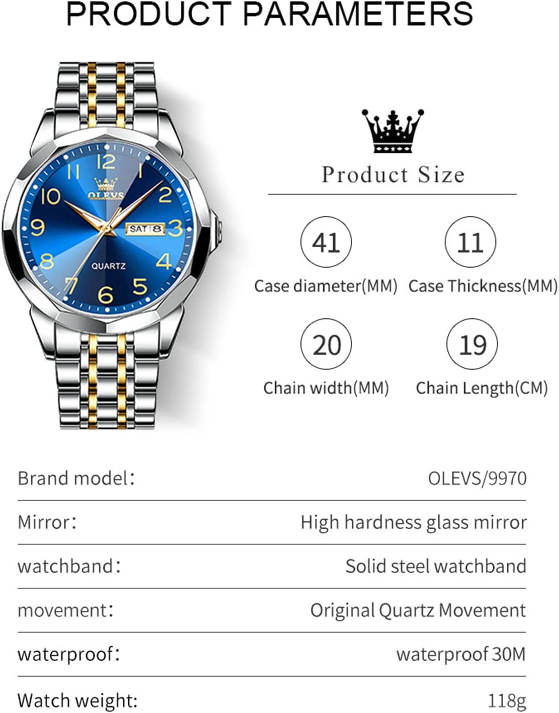 OLEVS Watch for Men Luxury Dress Analog Quartz Stainless Steel Waterproof Luminous Date Diamond Business Two Tone Casual Wrist Watch - Image 6