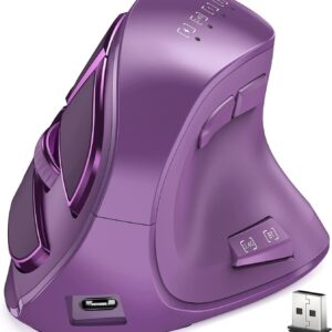 Vertical Mouse, Wireless Ergonomic Optical Mouse (BT 5.0 + Bluetooth 3.0 + USB Connection) with 9 Buttons, Rechargeable Computer Mouse for Wins PC/Laptop, Mac (Purple)