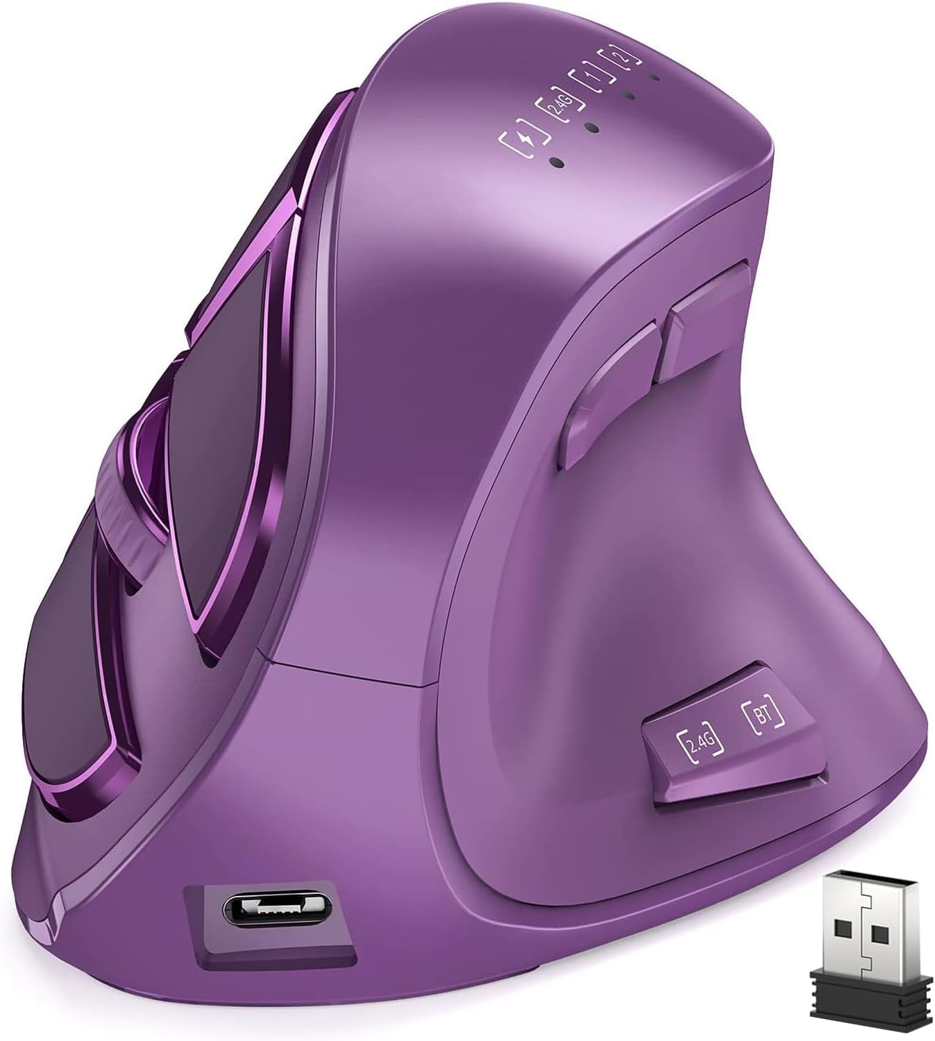 Vertical Mouse, Wireless Ergonomic Optical Mouse (BT 5.0 + Bluetooth 3.0 + USB Connection) with 9 Buttons, Rechargeable Computer Mouse for Wins PC/Laptop, Mac (Purple)