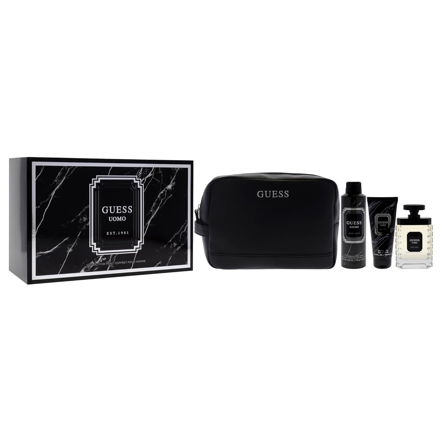 Guess Uomo by Guess for Men - 4 Pc Gift Set 3.4oz EDT Spray, 6oz Deodorizing Body Spray, 3.4oz Shower Gel, Pouch - Image 3