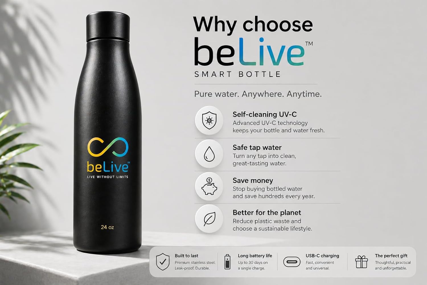 BeLive Smart Water Bottle 24oz – UV-C Self Cleaning, Temperature Display (°C/°F), Hydration Reminder, USB-C Rechargeable, Insulated Stainless Steel Bottle (Black) - Image 3