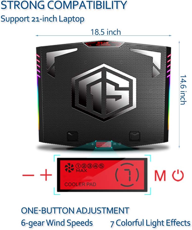 MeFee RGB Laptop Cooling Pad for 15.6-21 Inch Professional Gaming Laptop Cooler with 6 Quiet Fans and Button Control, Pure Metal Panel Portable Cooler - Image 4