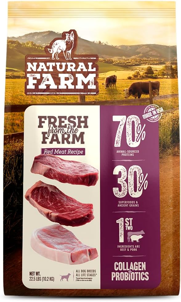 Natural Farm High Protein Dry Dog Food for All Life Stages with Collagen, Every Bag Contains 70% Beef & Pork and 30% Ancient Super Food Grains, Complete and Balanced Nutrition, 22.5 Lbs. Bag