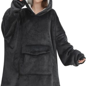 Mewkou Wearable Blanket Hoodie for Adult,Oversized Sherpa Fleece Blanket Hoodie for Women Men,Grey