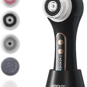 UMICKOO Electric Facial Cleansing Brush, 2-Way Rotating Face Scrubber for Daily & Deep Cleaning, 3 Modes, 5 Brush Heads, Rechargeable, IPX7 Waterproof for All Skin Types