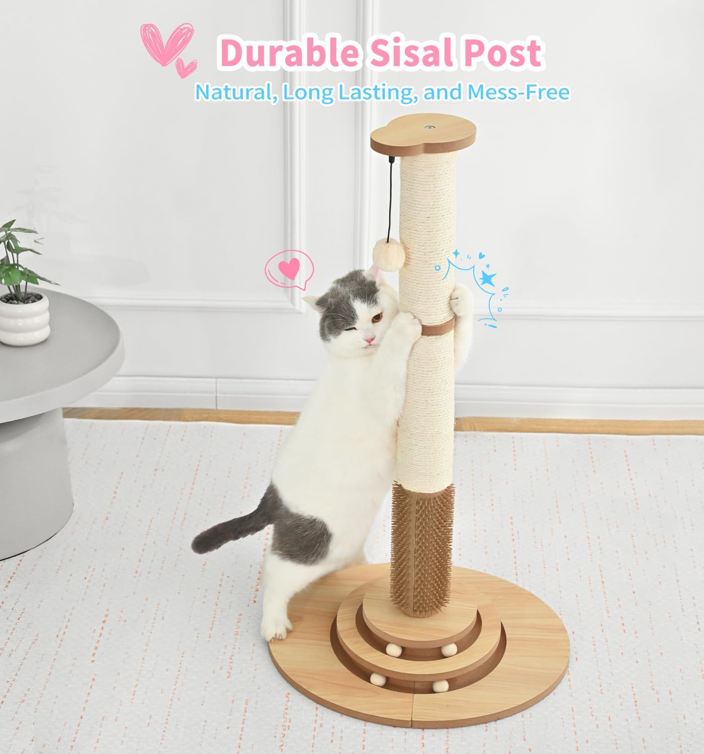 Made4Pets Cat Scratching Post Premium Sisal Cat Scratcher Kitten Toys for Indoor Kittens 33.6" Tall Cat Tower Scratch Post Cat Tree Wooden Interactive Ball Track Cat Toy with Hanging Ball, Beige - Image 6