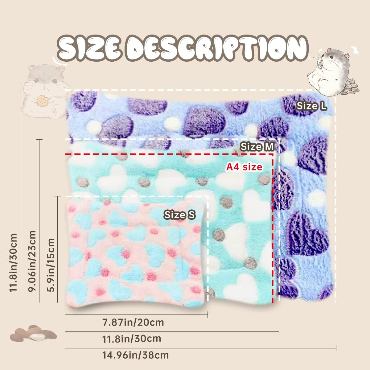 EAEDMY 4 Pieces Guinea Pig Bunny Comfortable Bed Mats Pads, Rabbit Warm Soft Bed, Hamster Bedding Pad Mats for Small Animals Chinchilla Hedgehog Baby Cats (11.8"x9.1", 1.Hearts Pattern) - Image 2