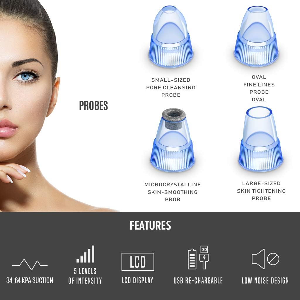 Blackhead Remover Pore Vacuum for face, BlueOrchids dermasuction for Whitehead Removal, Acne Pimple Sucker, face Vacuum Pore Cleanser, Comedone Extractor, 5 Adjustable Suction Power with 4 Probes - Image 3