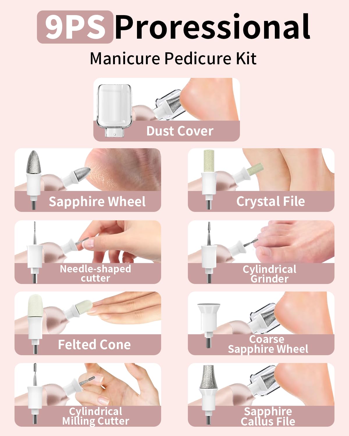 Manicure Pedicure Kit with Case, Professional Nail Grinder for Senior Thick Toenail, Cordless Electric Nail File, 5 Speeds Pedicure Tools for feet Callus Remover, Nail Drill for Women Hand Feet Care - Image 8