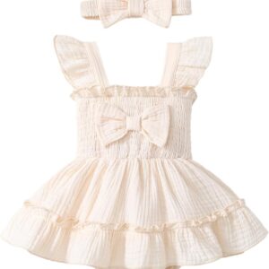 Newborn Baby Girl Summer Clothes Sleeveless Smocked Romper Dress Ruffles Jumpsuit Bodysuit with Bow Headband