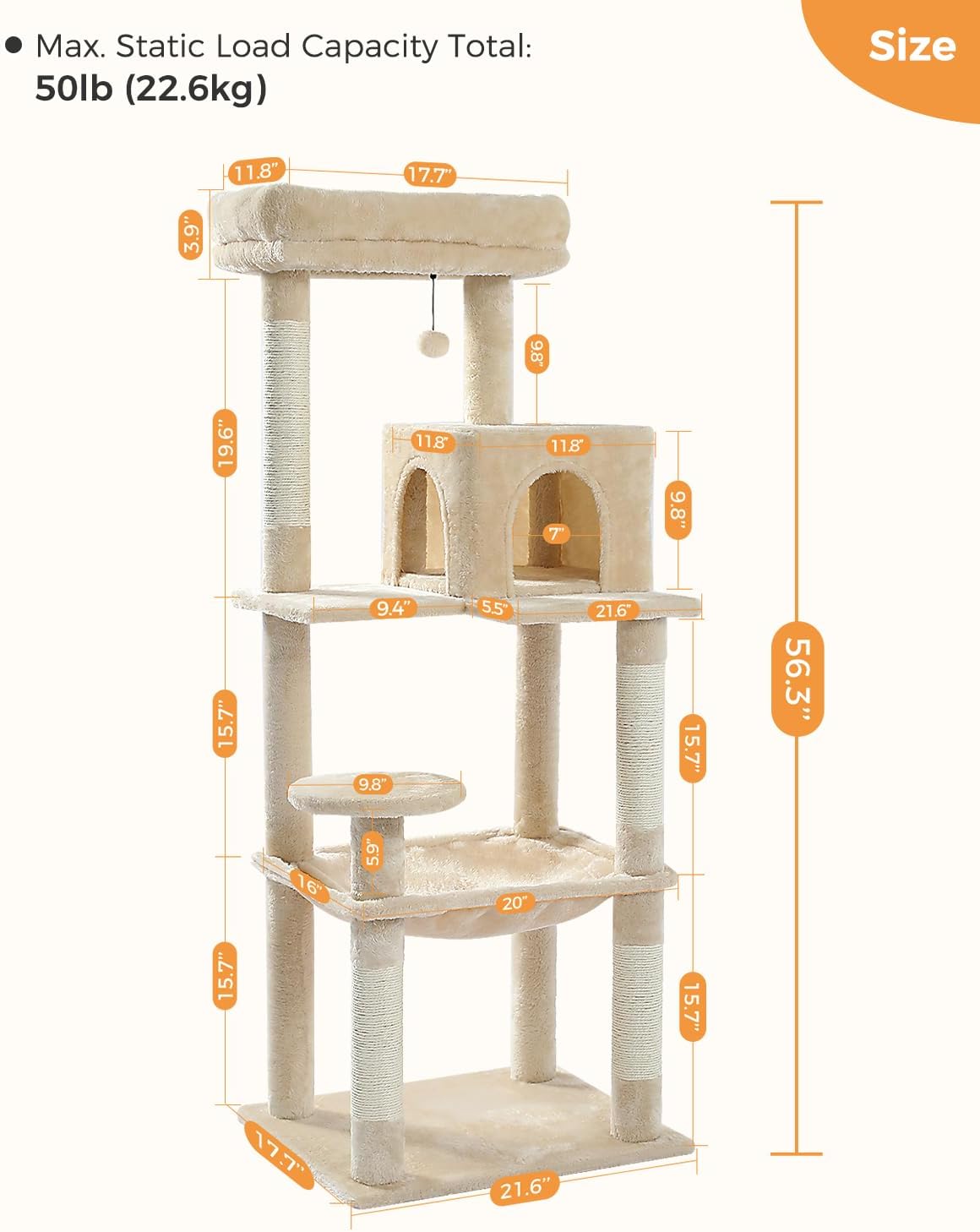 MUTTROS Cat Tree for Large Cats Adult with Metal Plush Big Hammock, 56.3" Cat Tower with 2 Door Condo House, 6-Tier Cat Shelves with Scratching Posts and Large Top Perch, Beige - Image 7