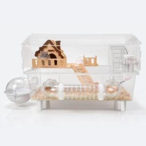 Clear Acrylic Hamster Cage, Dwarf Hamster Cage, Mouse Cage, Gerbil Cage – All-in-One Hamster Habitat with 18cm Silent Wheel, Tubes & Full Kit, 17.7×11.8×13.8″ for Dwarf Hamsters, Mice, Gerbils