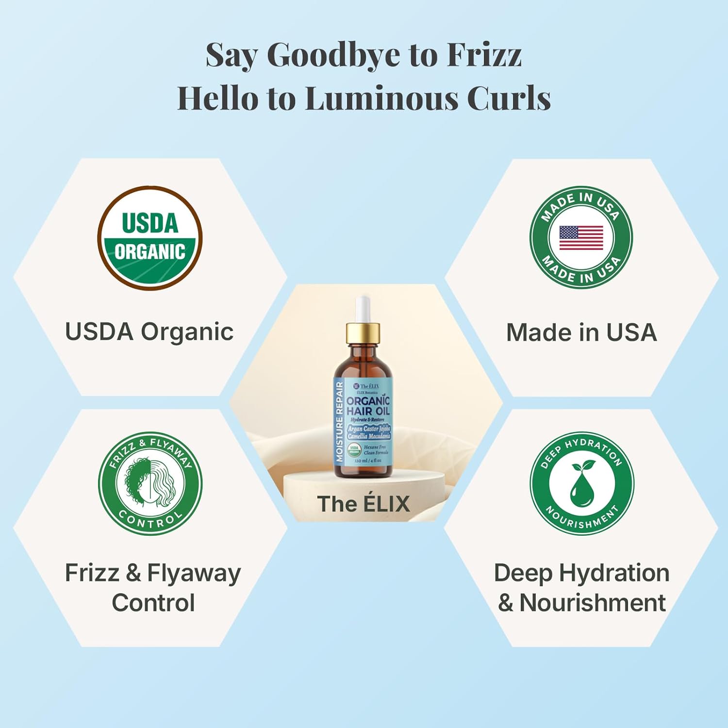 USDA Organic Hair Oil for Frizzy Hair with Argan Jojoba & Castor | Frizz Control Hair Treatment for Curly Hair | Hair Serum & Moisturizer for Dry, Damaged Hair | Cold Pressed Hair Products for Women - Image 2