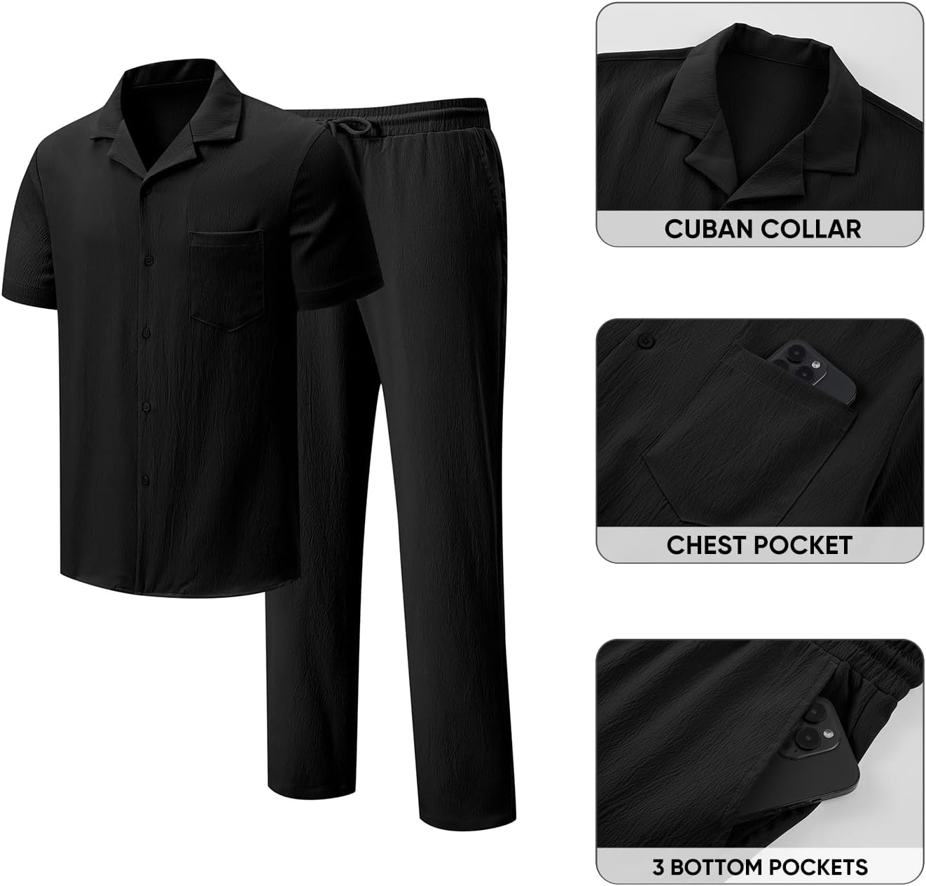 JMIERR Men Texture 2 Piece Outfit Short Sleeve Lightweight Beach Button Down Shirt Casual Pant Sets with Pocket - Image 5
