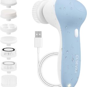 Rechargeable Facial Cleansing Spin Brush Set with 7 Exfoliating Brush Heads – Complete Face Spa System by CLSEVXY – Advanced Microdermabrasion for Gentle Exfoliation and Deep Scrubbing