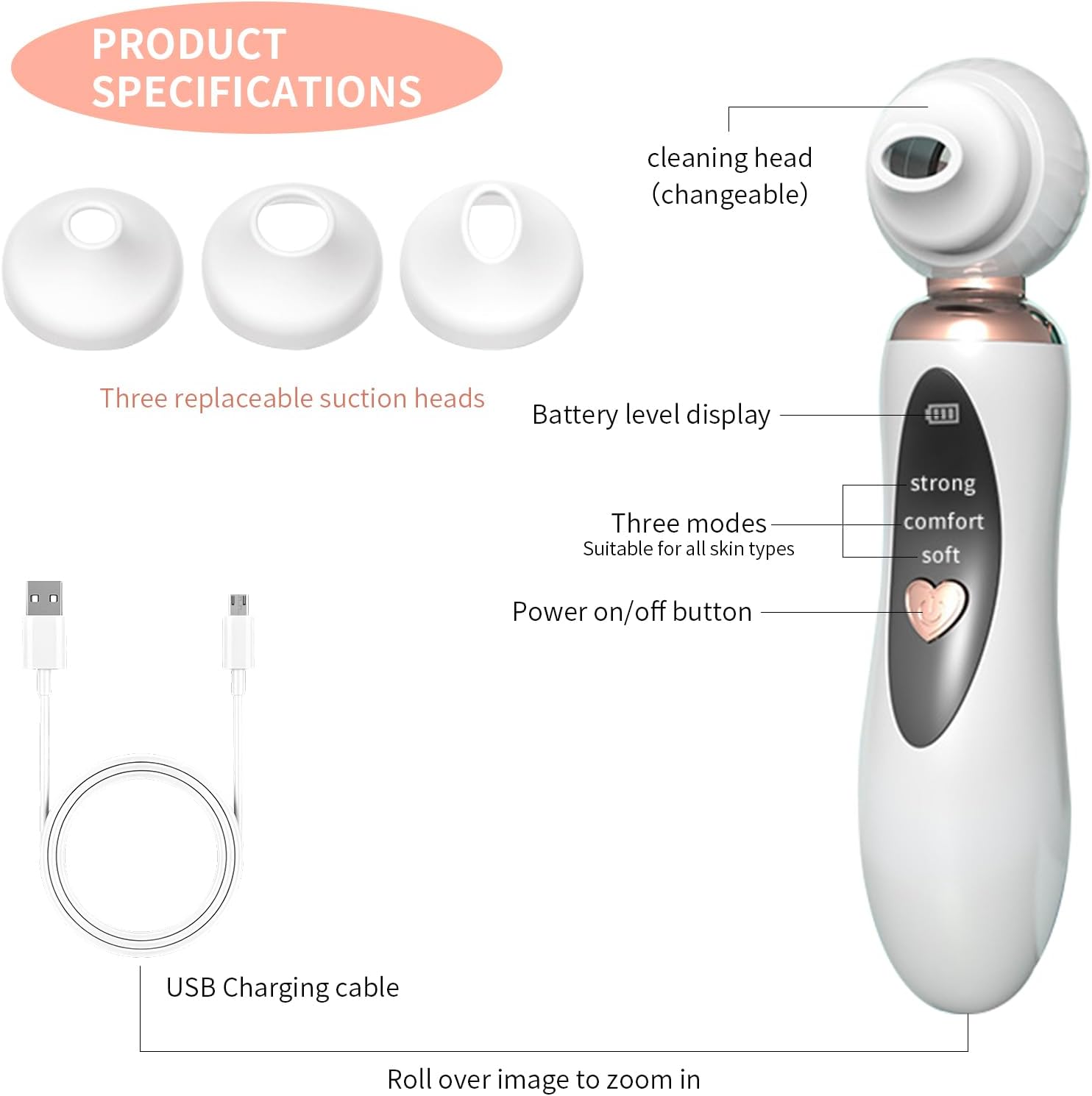 2025 Blackhead Remover Pore Vacuum, Visual Rechargeable Blackhead Vacuum Facial Pore Cleaner-3 Suction Soft Silicone,3 Probes,USB Kit Electric Acne Extractor Tool for Adult - Image 6